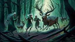 lovecraftian styled resurrected unhappy single deer chasing the older drunk lady through the forest while the survivors in his deer family watches with relief