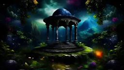 a round podium for meditation ,my dreams . day landscape, In the garden my mind bows . meditation .The ruins of a village in the midst in the jungle , mountains. space color is dark , where you can see the fire and smell the smoke, galaxy, space, ethereal space, cosmos, panorama. Palace , Background: An otherworldly planet, bathed in the cold glow of distant stars. Northern Lights dancing above the clouds in Georgia. Fantasy gate floating in the universe