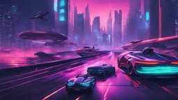 A futuristic cityscape at night with neon lights and flying cars.