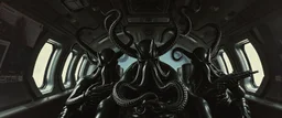 master oil painting by Rembrandt, black glistening slimy octopus insectoid hypnotic Nephilim tribe trauma watchers commando in spaceship with some scared humans, in the style of Giger