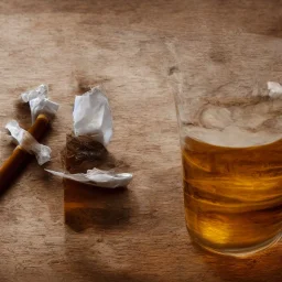 a photo of a cigarette stubbed out into a tea bag in a water glass, 100mm lens, f/4, soft light, photo realistic, ultra high resolution