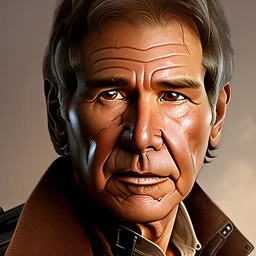 stunning photo realistic head to waist portrait of harrison ford as han solo in star wars with photo realistic short hair by Greg Rutkowski, Artgerm, WLOP, Alphonse Mucha, sharp focus, brown eyes,photo realistic skin, realistically and naturally weathered skin,space jacket from star wars, intricate, art background