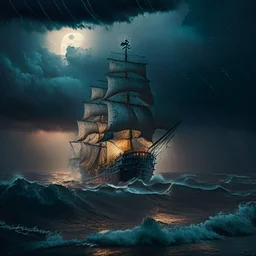 transatlantic ship in the middle of a storm at sea, Victorian era, Americana, Night with Moonshine, Black storm clouds in background, Stormy sky with rain and thunder, Stormy ocean, Ominous stormy sky background, (((Earthy and natural color palette)))