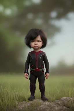 Black widow toddler, serious, full body, bokeh, hyper realistic