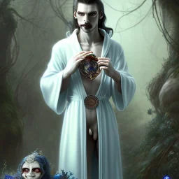 cute vampire poet wearing soft robes and blue gloves holding hairy scroll,dark stone statue, lively eyes,hidden hands, framed by foliage, shiny eyes,