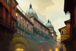 Train trains under bologna portici +riomaggiore+genoa street+turin+Italian medieval town+Italian city+alphonse mucha, greg rutkowski,matte painting, cryengine, hyper detailed, felix kelly, fantasy art, seb mckinnon