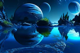 blue exoplanetin the sky, water reflection, rocks, vegetation