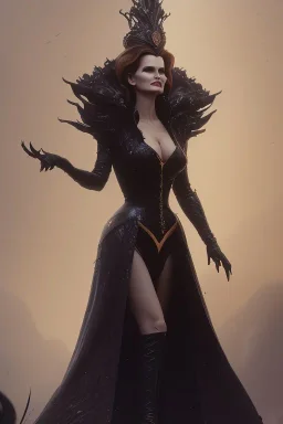 Geena Davis as evil queen in black leather gown, evil, busty, cleavage, curvy, angry, stern look. character design by cory loftis, fenghua zhong, ryohei hase, ismail inceoglu and ruan jia. unreal engine 5, artistic lighting, highly detailed, photorealistic, fantasy