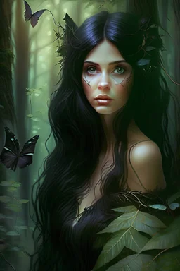 brunette fairy with dark hair in a forest