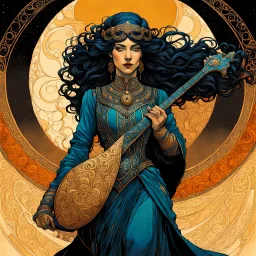 create an ethereal, darkly magical illustration of an epic female Andalusian guitarist, with highly detailed and deeply cut facial features, in the style of GUSTAV KLIMT and ALPHONSE MUCHA combined with the comic art style of BILL SIENKIEWICZ and JEAN GIRAUD MOEBIUS, searing lines and forceful strokes, precisely drawn, inked, and darkly colored