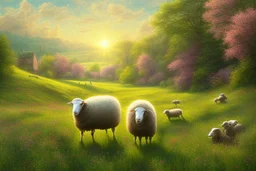 bucolic English countryside, peaceful sheep grazing in bright green grass, tiny colorful wildflowers Modifiers: extremely detailed bright studio setting 8k rose tones oil on canvas very attractive beautiful