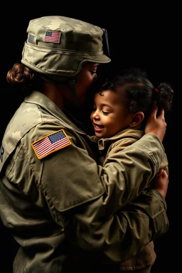 American Marin soldier balck women hugging her child goodbye before she goes on duty with dark background and high quality picture