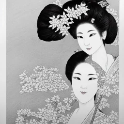 Insanely detailed black and white sketch of a beautiful young geisha in Sakura