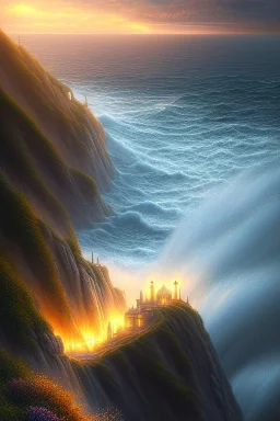 An illuminated city at top on a rough cliff at the stormy sea at sunset, 8k resolution, high-quality, fine-detail, intricate, fantasy art, detailed matte, volumetric lighting, illustration, 3D