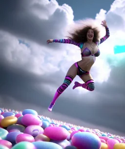 Ultra realistic speed clouds sky scene, wide angle view, sweet women falling down, inflatable color clothing, free jumping flying, many trinkets, hair monster. Clouds sea, many jelly beans, balls, color smoke, smile, happy, circus style, extreme, wind, 20,000 feet altitude, stratosphere, soft color, highly detailed, unreal engine 5, ray tracing, RTX, lumen lighting, ultra detail, volumetric lighting, 3d, finely drawn, high definition, high resolution.