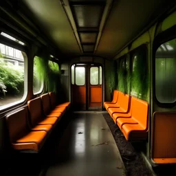 Wagon de métro de paris, sieges orange usés, désaffecté, jungle