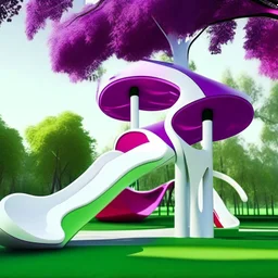 Perspectiva Parque infantil juegos columpios tobogán estilo Zaha Hadid obra de arte digital detallada color blanco crema y violeta rojo imperial impactante árboles verde profundo niños personas foto realista arte Bauhoaus iluminación cinematografica 4k