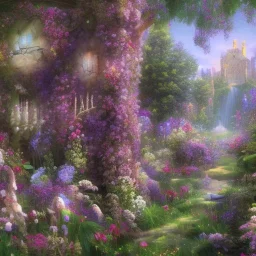 PAYSAGES DE Reves trés réaliste, chateau bleu féérique , 8k, cascades fleurs lumineuses, papillons