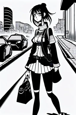 girl walk on the streets, manga style, line arts illustration