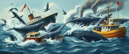 collisions, aggression, ship hitting animals, animals interacting with vehicles, whales near boats, overlapping subjects, chaotic composition, distortion, surreal behavior, violence, confusion, merged objects, cartoon, painting, low realism, watermark, text