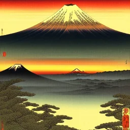 Ukiyo-e painting of a mount fuji at sunset