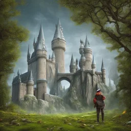 boy alone in the forest and in the background the castle of hogwarts