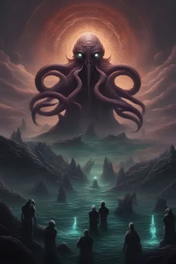 A alien tribe, worshipping Cthulhu,alien planet setting, cinematic lighting,highly detailed,evil energies swirling