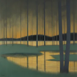 A tranquil woods in the background and lake and grass in the foreground at twilight painted by Klimt
