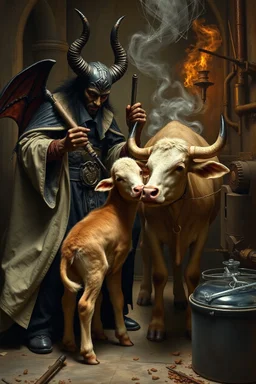 Lord Satan kidnapping young holy calf while medicating holy old cow, inside science factory, painted by Rembrandt