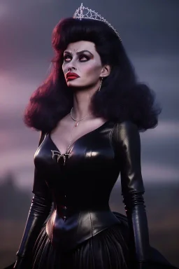 young sophia loren as evil queen in black leather, angry, stern look, volumetric lighting, particales,highly detailed,cinematic, deep colours,8