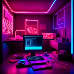 Unsettling room, neon lights, empty, a computer is running, liminalcore, organic pieces of meat