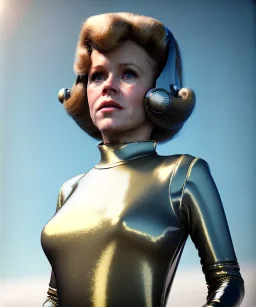 Ultra Realistic retro sci-fi image from 1960, spaceship, sweet young woman Jane Fonda, dress with tight latex suit and retro glass helmet, Retro sci-fi style, soft color, highly detailed, unreal engine 5, ray tracing, RTX, lumen lighting, ultra detail, volumetric lighting, 3d, finely drawn, high definition, high resolution.