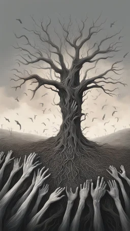 a field of thousands of hands of bodies rising up from the ground not visible, horror, hands in different shapes coming out from the ground towards the sky Busch painting style nightmare and thin line draw, a dry tree with out branches in the middle
