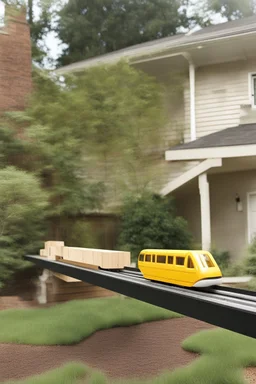 A toy one-passenger suspended monorail track built in my back yard, made from plywood and 2x4 lumber.