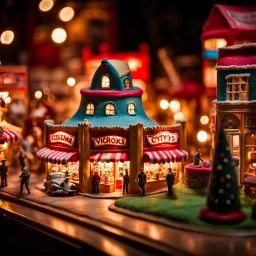 Close-up photograph of a diorama building, city, store, advertising, land-of-toys with detailed vintage toys made of cake-frosting and felt, strong texture, extreme detailed, movie shot, rich moody colors, sparkles, night, nightmare