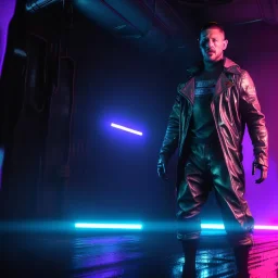 Actor, tom hardy, blade runner style, rain, fog, neon ambient, gradient color, clean skin, circuits, latex coat, cyber punk, neon, tubes, portrait, photo studio, unreal engine 5, smooth color, 16 bit, god lights, ray tracing, RTX, lumen lighting, ultra deatail, volumetric lighting, 3d, finely drawn, hd.