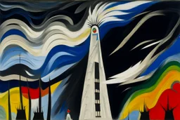 A white tempest tower in a windstorm designed in Javanese shadow puppets painted by Alexej von Jawlensky