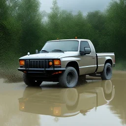 hyperrealistic shot, fast moving 4x4 camo truck, monotone color palette, sharp focus, puddle reflec1tion, tire mud splashes, refraction, mist on the horizon, thunder and lightning, overcast shadow, detailed and intricate, cinematic composition, 8k, micro, tilt shift photography, bokeh