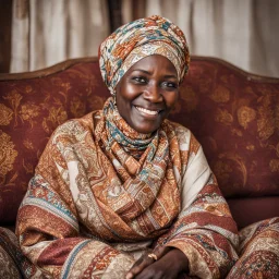 portrait photography, upper body, shot by Canon EOS 5D, indoor, 49 years old Ugandan lady Ambrika Ngomuno, sitting on her sofa, wearing half Russian headscarf, she has traditional style, looks very happy, cozy ambient, high quality, aged face details, intricate details