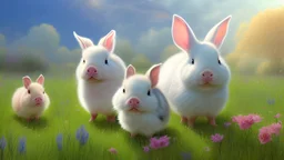 Imagine (((a piglet))), (((a duck))), and (((a rabbit))), together in a sunny meadow. Drawing in the style of Pixar animation, with vibrant and bright colors. Contours and features in black, with thick, well-defined lines to highlight the contours. The scene should convey a lively and joyful atmosphere. The background image should be a meadow and should contain natural elements such as colorful flowers, trees, and a clear blue sky with fluffy clouds. The image should evoke a feeling of harmony