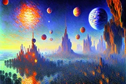 Epic futuristic street, exoplanet in the sky, claude monet impressionism painting