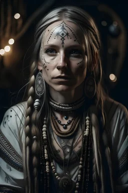 Porträt einer Schamanin mit langen weißen Braids, einem Kleid im Zigeunerstil und weißen Augen voller Sterne und Tätowierungen auf dem Gesicht im Faltasy Stil