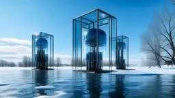 An architectural work submerged in a frozen lake during winter, the icy surface reflects the structure's vertical steel poles, clear acrylic cubicles, and cold blue spheres, a snow-covered landscape.