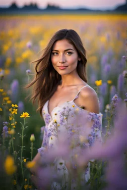 Young woman in flower field in the evening,f16,long distance focus