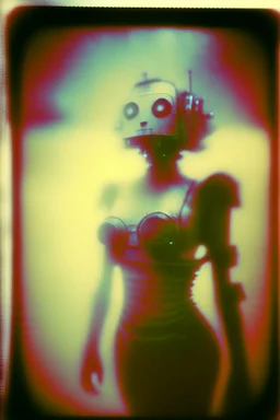 steampunk, vintage analog polaroid of a woman robot, female body, fog, lomography, heavy film grain, night, color bleed, depth of field, bokeh, retro