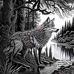 Ink art of a full-fledged flat wolf intricate hyper-detailed 4k river trees