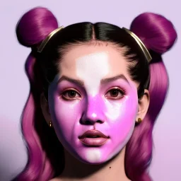 Rosalía artist, porcelain mask, pink eyeliner, pigtails hair, gold, pink, geisha, led lights, fog, rain, latex, vibrant color, highly detailed, art stations, concept art, smooth, unreal engine 5, god rays, ray tracing, RTX, lumen lighting, ultra detail, volumetric lighting, 3d, finely drawn, high definition, high resolution.