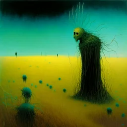 Style by Gabriel Pacheco, VS Gaitonde, Zdzislaw Beksinski, Vladimir Kush, Lovecraftian surreal art, a metaphorical representation of the ephemeral parasite confusing death rivalry, gestalt lunatic grass shine, warm colors, surreal masterpiece, juxtaposition of the uncanny banal, sharp focus, never-before-seen composition