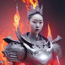 smooth hyper realistic, beautiful Japanese burning lava knight robot in crown, pale colors, dark cosmos background, extremely sharp detail, finely tuned detail, ultra high definition, 8 k, unreal engine 5, ultra sharp focus, accurate sword wings, positive smile, lot of details, fit within portrait, Ambiance winter, perfect composition, perfect hair, perfect hands, finger up gestures