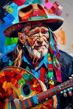 captivating conceptual painting of the iconic rock star, Willie Nelson, rendered in a vibrant and abstract art style. The background is a swirling, chaotic mix of artistic strokes that evoke a sense of rebellion and energy. The overall composition is a celebration of creativity, movement, and the essence of rock 'n' roll., vibrant, painting, conceptual art